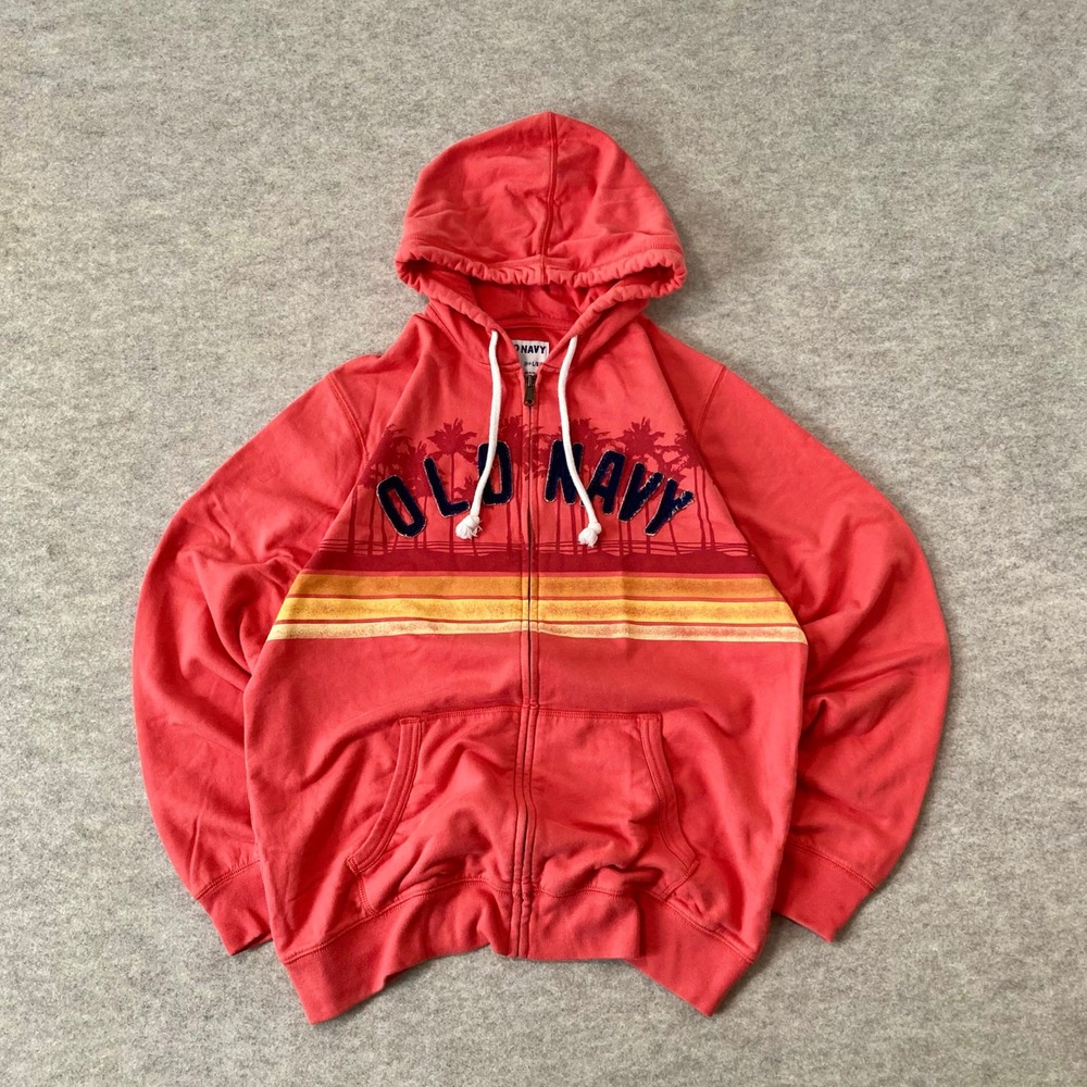 Retro Old Navy Full Zip Sunset Hoodie Coral Pink Palm Trees L Surf Skater Beachy